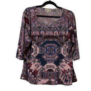 One World women’s size XL purple print 3/4 sleeve altered hem top FLAW